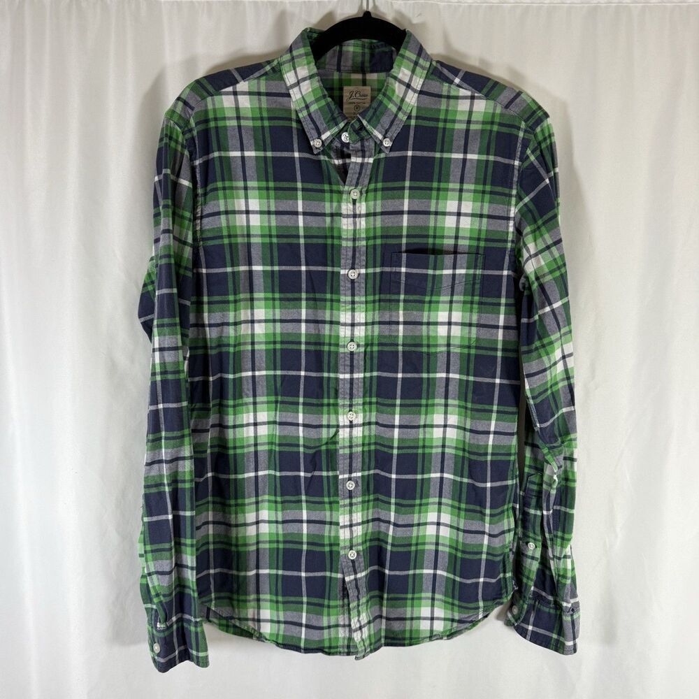 J. Crew Shirt Men's Medium Green Blue Plaid Slim Button Up Long Sleeve Cotton